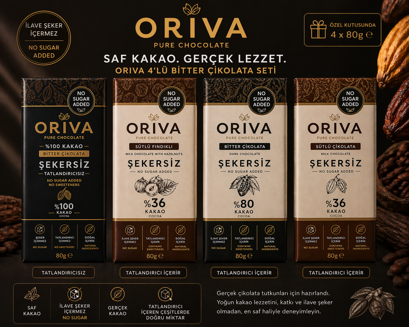 ORİVA 4'lü Set Şekersiz Çikolata